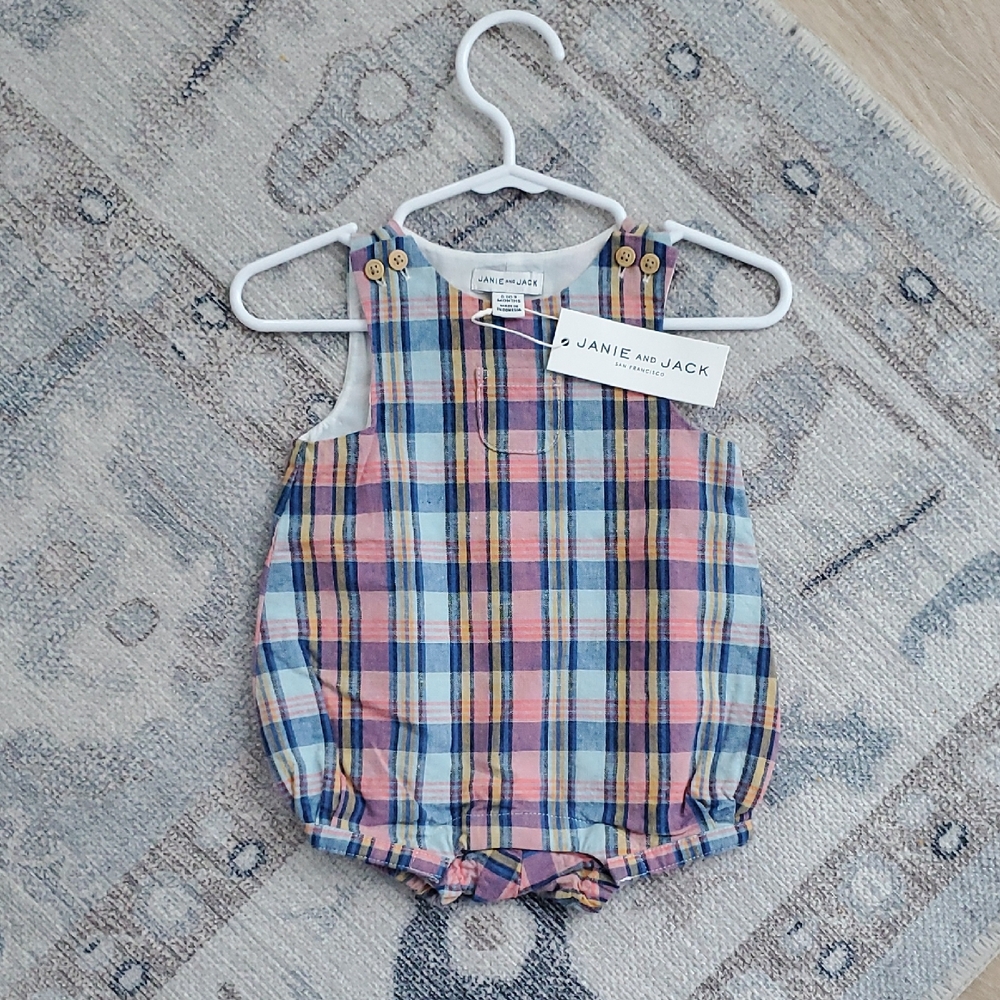 NWT Janie and Jack Baby Boys Plaid Linen Romper Jon Jon Sz0-3m